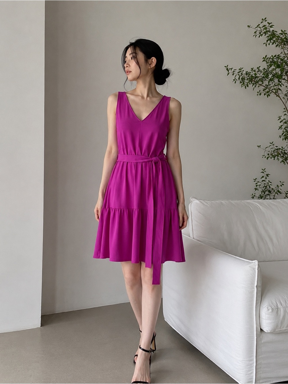 Banana Republic V-Neck Back Sleeveless Belted Tiered Dress in Dark Magenta LP